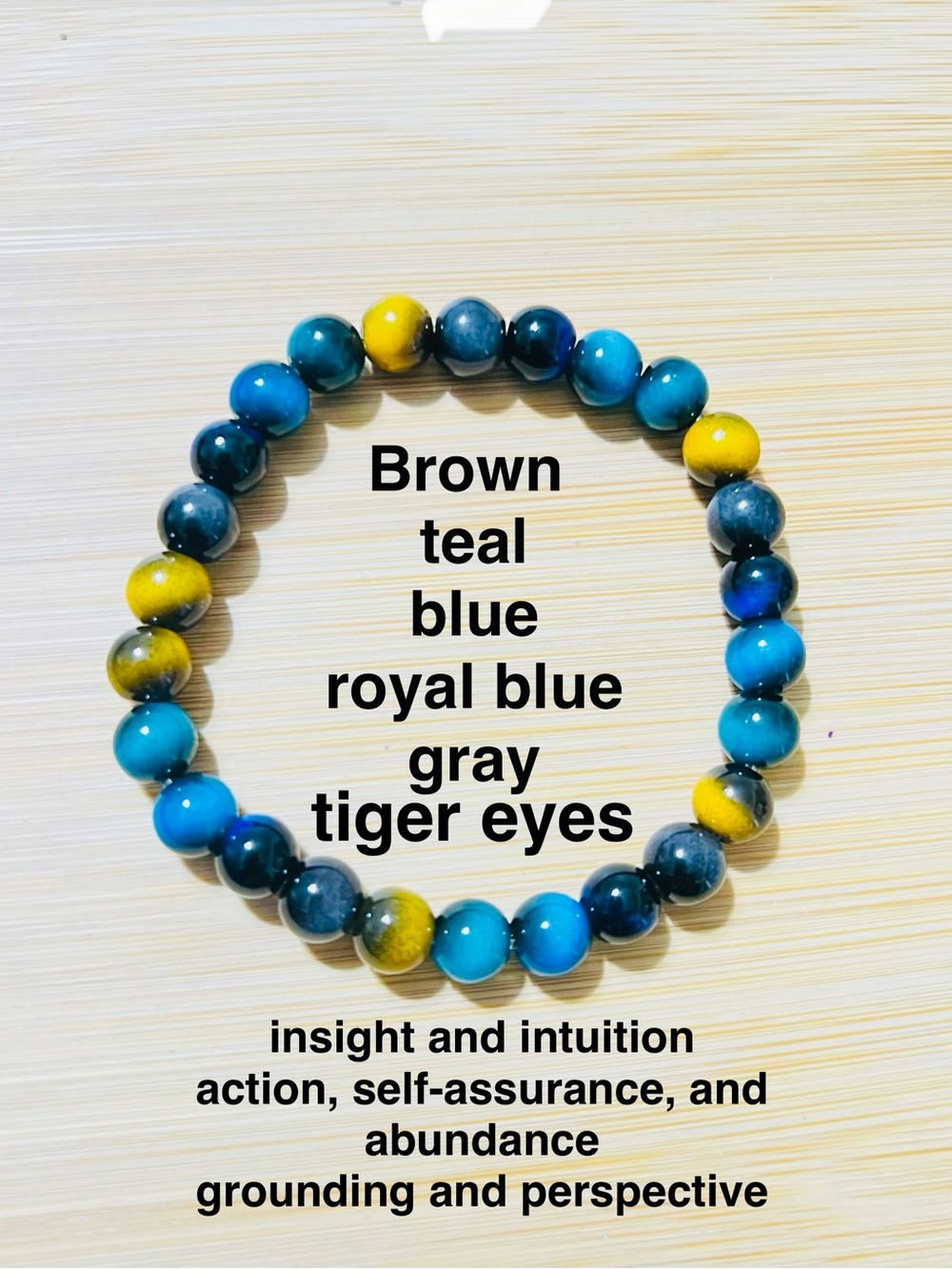 Multicolor Tiger Eye Beaded Bracelet — Teal, Royal Blue, Yellow, Gray
